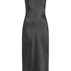 Aiki Damen Longform Kleid In Satin-Optik Mit Seitlichen Schlitzen Schwarz