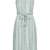 Aiki Damen Viskose Kleid Mit Knopfleiste Und Bindegürtel Gestreift Matcha Grün Weiss