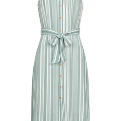Aiki Damen Viskose Kleid Mit Knopfleiste Und Bindegürtel Gestreift Matcha Grün Weiss