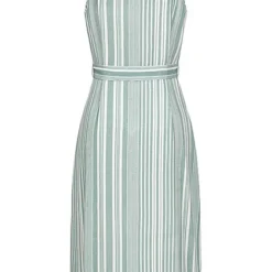 Aiki Damen Viskose Kleid Mit Knopfleiste Und Bindegürtel Gestreift Matcha Grün Weiss -Diven Art Verkäufe 23030468 2