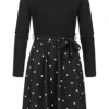 Cloud5ive Damen Langarm Kleid Mit Bindegürtel Und Punkte Print Schwarz