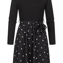 Cloud5ive Damen Langarm Kleid Mit Bindegürtel Und Punkte Print Schwarz