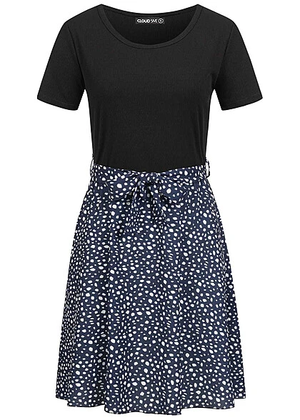 Cloud5ive Damen T-Shirt-Kleid 2-Tone Mit Punkt-Print Schwarz Blau 3 Cloud5ive Damen T-Shirt-Kleid 2-Tone Mit Punkt-Print Schwarz Blau