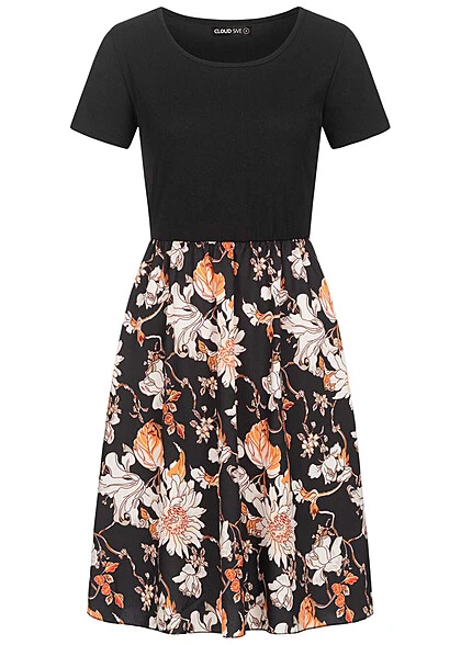 Cloud5ive Damen T-Shirt-Kleid 2-Tone Mit Blumenprint Schwarz Multicolor 3 Cloud5ive Damen T-Shirt-Kleid 2-Tone Mit Blumenprint Schwarz Multicolor