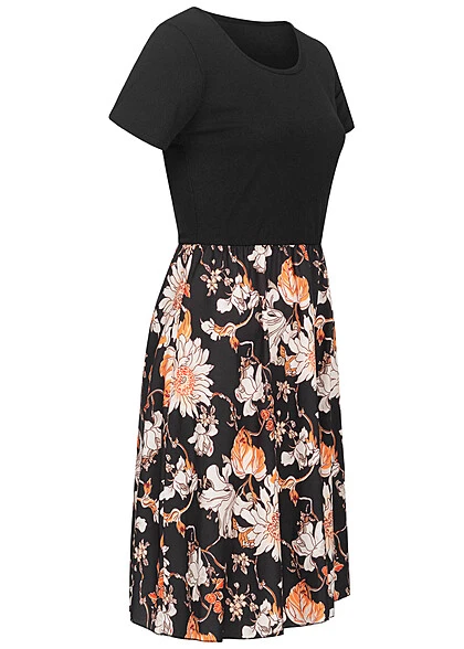 Cloud5ive Damen T-Shirt-Kleid 2-Tone Mit Blumenprint Schwarz Multicolor 4 Cloud5ive Damen T-Shirt-Kleid 2-Tone Mit Blumenprint Schwarz Multicolor – Bild 2