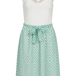 Cloud5ive Damen Mini Kleid Mit Spitzeneinsatz U. Bindegürtel Zig Zag Print Grün Weiss