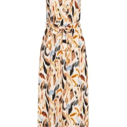 Cloud5ive Damen Maxi-Kleid Mit V-Neck Und Bindegürtel Camello Multicolor