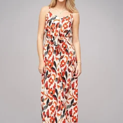 Cloud5ive Damen Maxi-Kleid Mit V-Neck Und Bindegürtel Rust Rot Multicolor