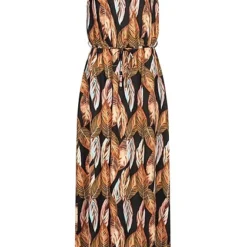 Cloud5ive Damen Maxi-Kleid Mit Bindegürtel Feder Print Schwarz Multicolor