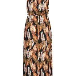 Cloud5ive Damen Maxi-Kleid Mit Bindegürtel Feder Print Schwarz Multicolor -Diven Art Verkäufe 23046005 2