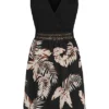 Cloud5ive Damen Chiffon-Kleid 2-Tone M. Blätterprint 2-lagig Schwarz-beige -Diven Art Verkäufe 23056011