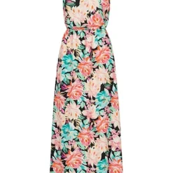 Cloud5ive Damen Viskose Maxi-Kleid M. Blumenprint Schwarz Multicolor