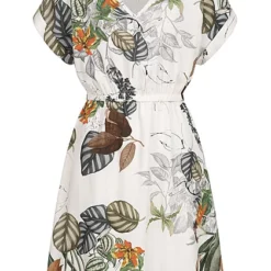 Cloud5ive Damen Viskose Kleid Mit V-Neck Und Floralem Print Weiss