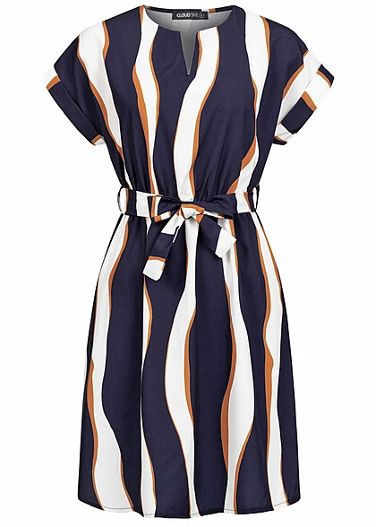 Cloud5ive Damen T-Shirt-Kleid Mit V-Neck Und Bindegürtel Wellen AOP Navy-weiss 4 Cloud5ive Damen T-Shirt-Kleid Mit V-Neck Und Bindegürtel Wellen AOP Navy-weiss – Bild 2