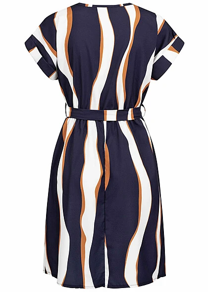 Cloud5ive Damen T-Shirt-Kleid Mit V-Neck Und Bindegürtel Wellen AOP Navy-weiss 5 Cloud5ive Damen T-Shirt-Kleid Mit V-Neck Und Bindegürtel Wellen AOP Navy-weiss – Bild 3