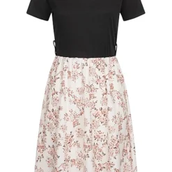 Cloud5ive Damen T-Shirt-Kleid 2-Tone Mit Blumenprint Schwarz Weiss