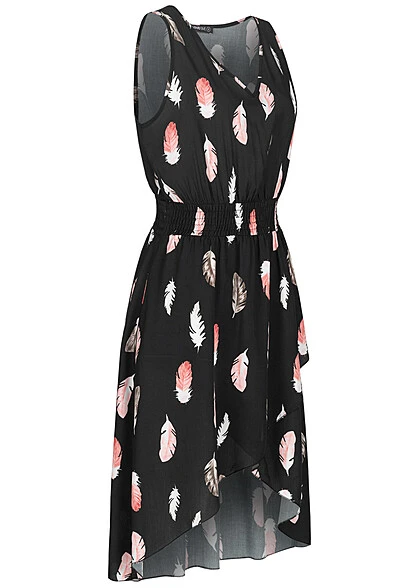 Cloud5ive Damen Viskose Vokuhila Wickel Kleid Mit Feder Print AOP Schwarz 4 Cloud5ive Damen Viskose Vokuhila Wickel Kleid Mit Feder Print AOP Schwarz – Bild 2