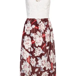 Cloud5ive Damen Vokuhila Kleid Mit Spitze Und Wickeloptik Flowerprint Wein Rot
