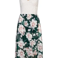 Cloud5ive Damen Vokuhila Kleid Mit Spitze Und Wickeloptik Flowerprint Verde Scuro Grün