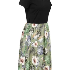 Cloud5ive Damen T-Shirt-Kleid 2-Tone Mit Gürtelschlaufen Botanical Print Schwarz Grün -Diven Art Verkäufe 23066119 1