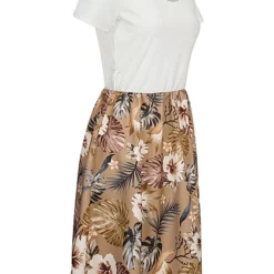 Cloud5ive Damen T-Shirt-Kleid 2-Tone Mit Gürtelschlaufen Botanical Print Weiss Braun -Diven Art Verkäufe 23066120 1