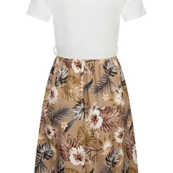 Cloud5ive Damen T-Shirt-Kleid 2-Tone Mit Gürtelschlaufen Botanical Print Weiss Braun -Diven Art Verkäufe 23066120 2