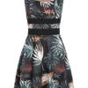 Cloud5ive Damen Kurzes Mesh Kleid Mit Tropical Print Schwarz -Diven Art Verkäufe 23066125