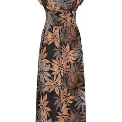 Cloud5ive Damen Maxi-Kleid Mit V-Neck Und Elastischen Bund Palmen Print Schwarz Beige -Diven Art Verkäufe 23066130 2