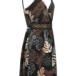 Cloud5ive Damen Träger-Kleid Mit Häkelbordüre Blätter AOP Und V-Neck Schwarz -Diven Art Verkäufe 23066143 1