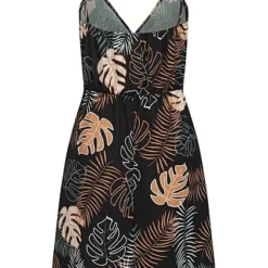 Cloud5ive Damen Träger-Kleid Mit Häkelbordüre Blätter AOP Und V-Neck Schwarz -Diven Art Verkäufe 23066143 2