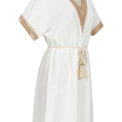 Cloud5ive Damen Musselin Kleid Mit Bindegürtel Und V-Neck Weiss -Diven Art Verkäufe 23076021 1