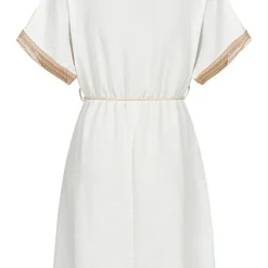 Cloud5ive Damen Musselin Kleid Mit Bindegürtel Und V-Neck Weiss -Diven Art Verkäufe 23076021 2