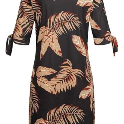 Cloud5ive Damen V-Neck Kleid Mit Bindedetails An Den Ärmeln Palmen Print Schwarz Beige -Diven Art Verkäufe 23076028 2